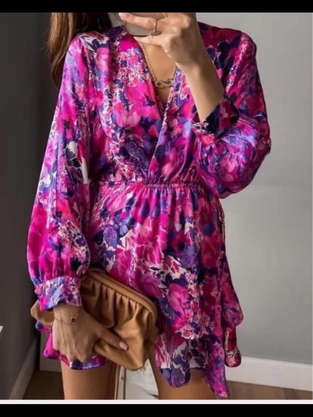 Zara Hot Pink & Purple Floral Wrap Tunic Dress